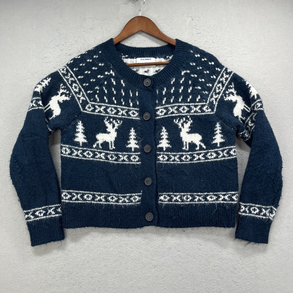 Old Navy Cardigan Sweater Womens Medium Navy Reindeer Fair Isle Holiday Festive